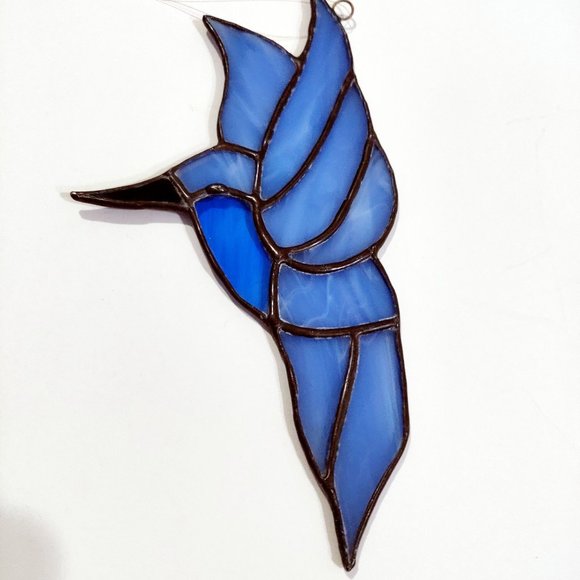 Vintage Stained Glass Sun Catcher Set 2 Hummingbird Iris Blue Violet Purple Hand - Picture 6 of 10